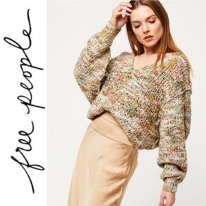 NWT Free People Highland Cable Knit Oversized Cropped V-Neck Mendocino Sweater